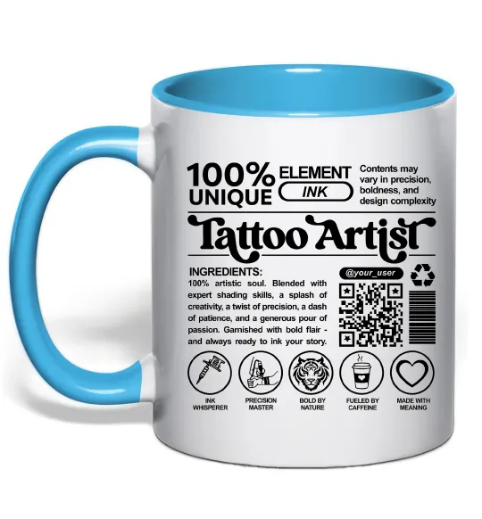 Чашка с цветной ручкой Tattoo artist з вашим нікнеймом та QR-кодом Голубой фото