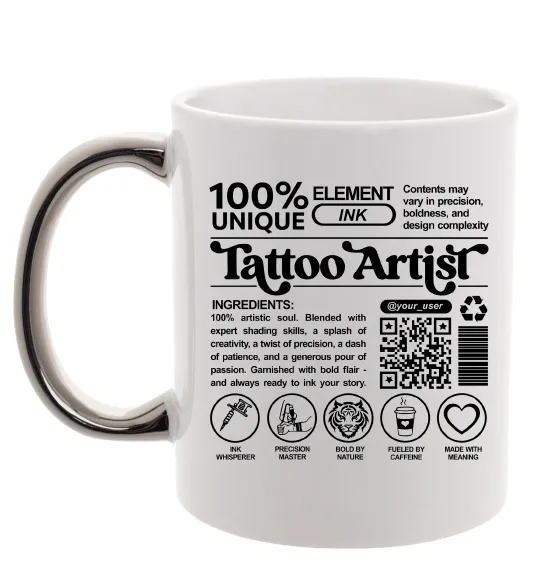 Чашка с цветной ручкой Tattoo artist з вашим нікнеймом та QR-кодом Серебро фото