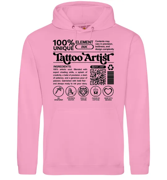 Мужская толстовка (худи) Tattoo artist з вашим нікнеймом та QR-кодом Розовый фото