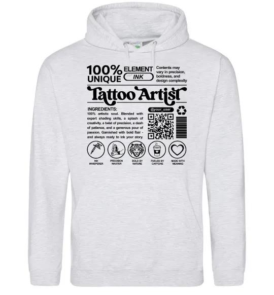 Мужская толстовка (худи) Tattoo artist з вашим нікнеймом та QR-кодом Серый меланж фото