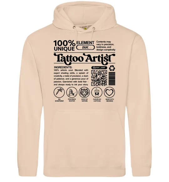 Мужская толстовка (худи) Tattoo artist з вашим нікнеймом та QR-кодом Песочный фото