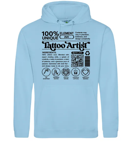 Жіноча толстовка (худі) Tattoo artist з вашим нікнеймом та QR-кодом Блакитний фото
