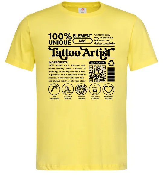 Чоловіча футболка Tattoo artist з вашим нікнеймом та QR-кодом Лимонний фото