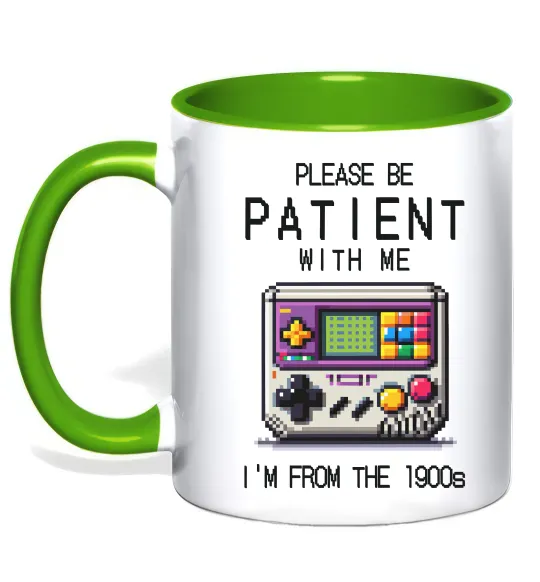 Чашка з кольоровою ручкою Be patient I`m from 1900s Лаймовий фото