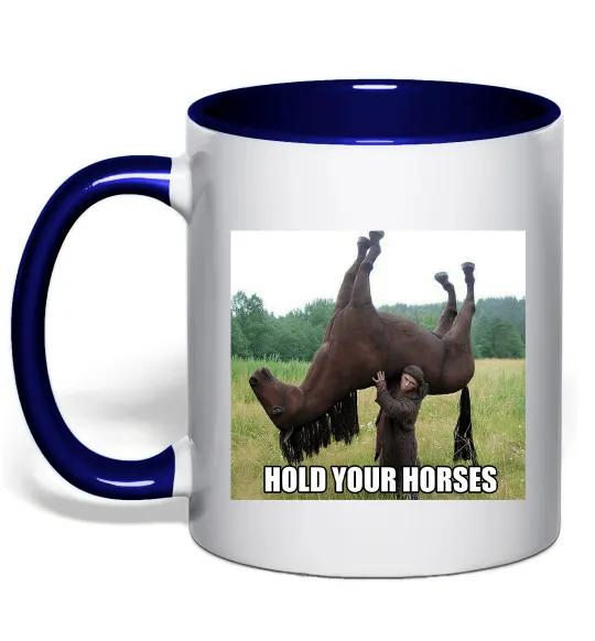 Чашка с цветной ручкой Притримай коней Глубокий темно-синий фото