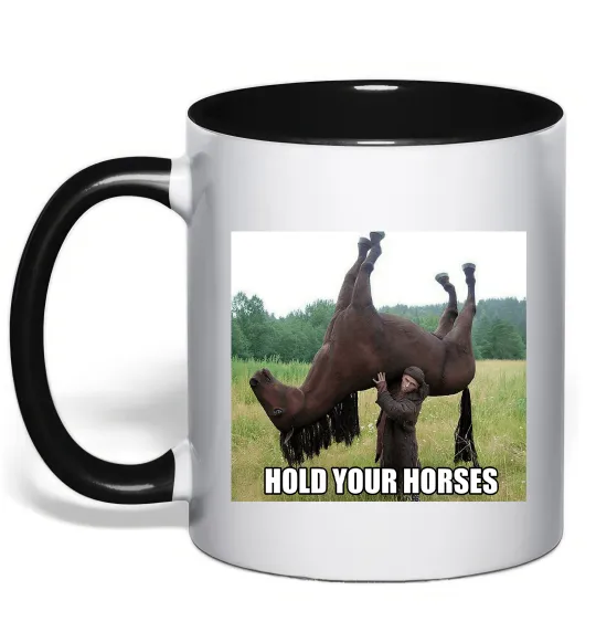 Чашка с цветной ручкой Притримай коней Черный фото