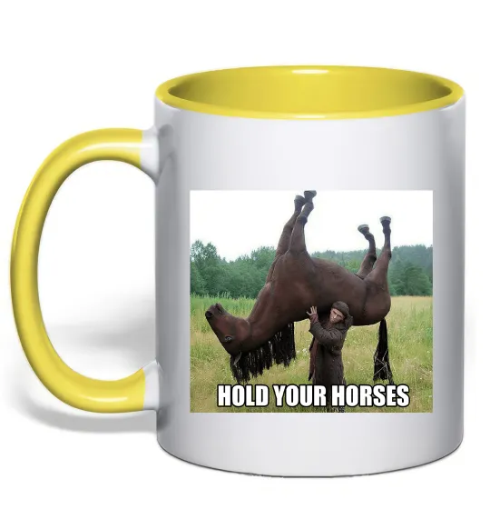 Чашка с цветной ручкой Притримай коней Лимонный фото