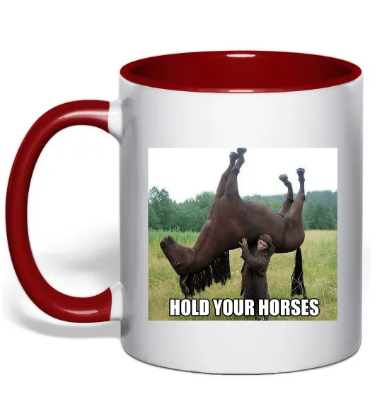 Чашка с цветной ручкой Притримай коней Красный фото