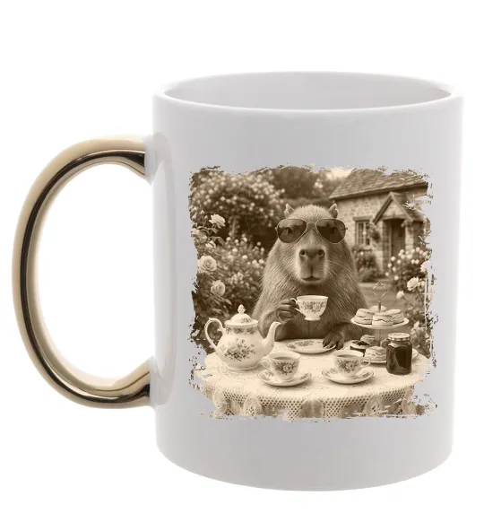 Чашка с цветной ручкой Капібара з чаєм Золото фото