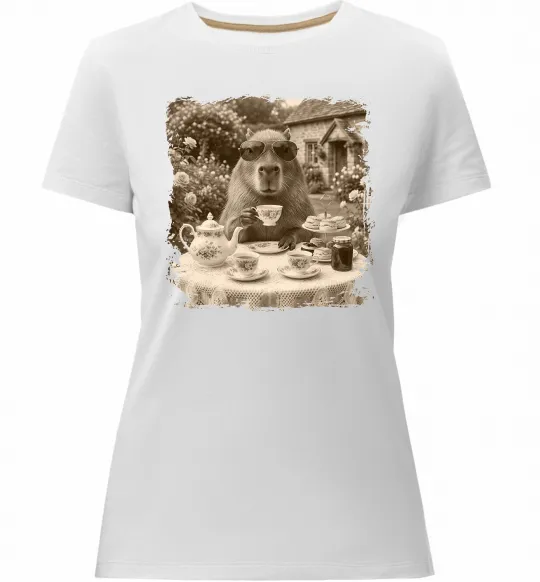 Женская премиум футболка Капібара з чаєм Белый фото