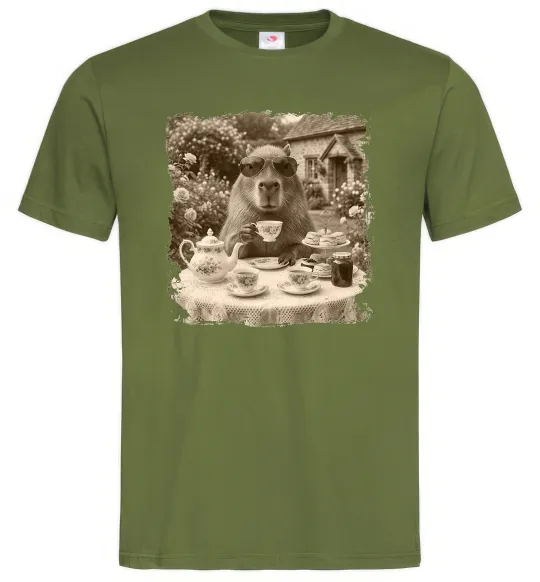 Мужская футболка Капібара з чаєм Оливковый фото