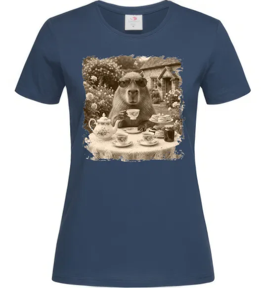 Женская футболка Капібара з чаєм Темно-синий фото