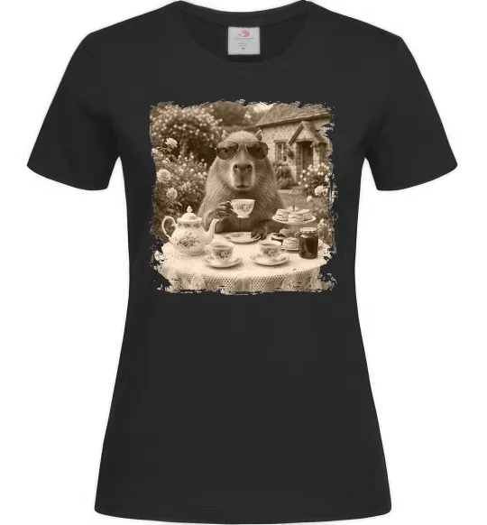 Женская футболка Капібара з чаєм Черный фото