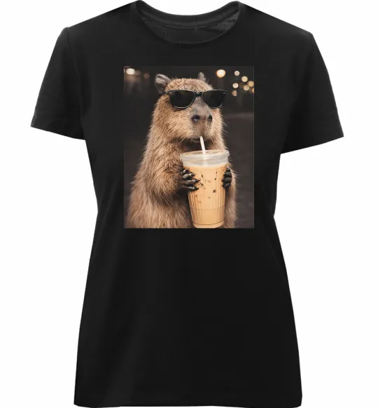 Женская премиум футболка Capy-bubble tea Черный фото