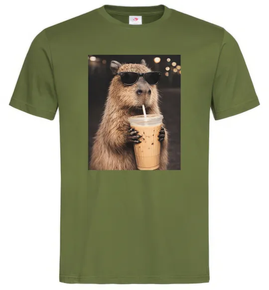 Мужская футболка Capy-bubble tea Оливковый фото