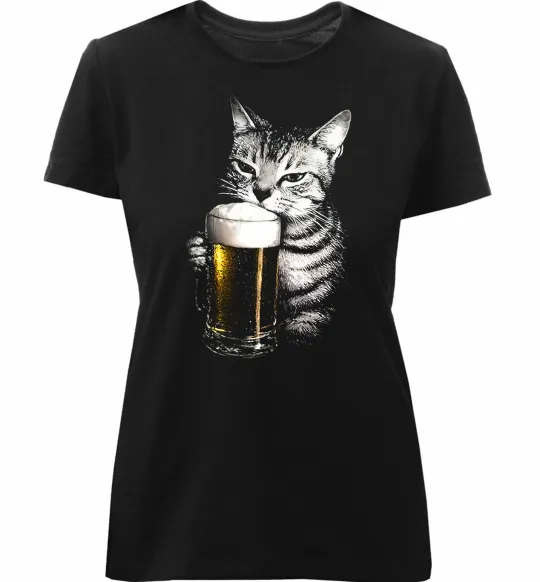 Женская премиум футболка Кіт з пивом Черный фото