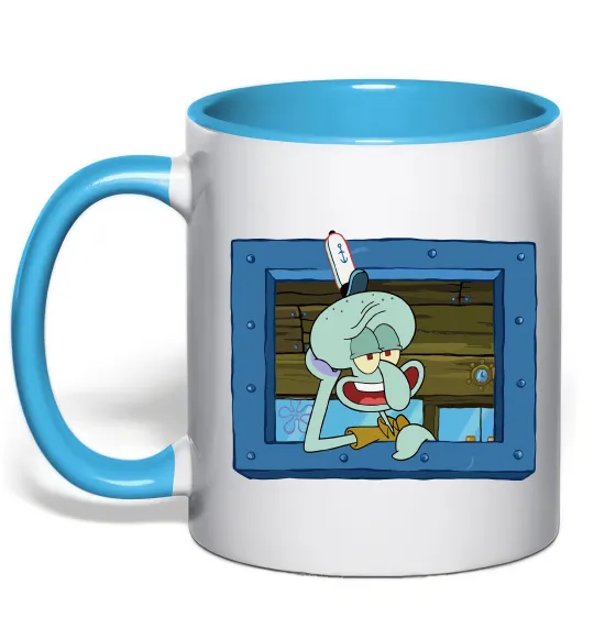 Чашка с цветной ручкой Сквідвард у віконці Голубой фото