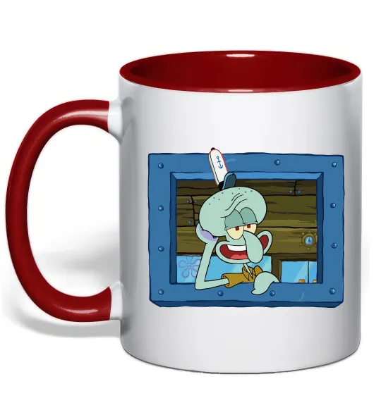 Чашка с цветной ручкой Сквідвард у віконці Красный фото