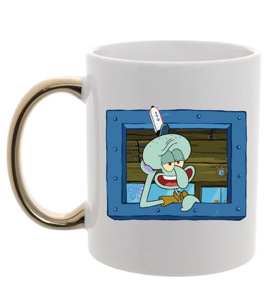 Чашка с цветной ручкой Сквідвард у віконці Золото фото