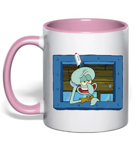 Чашка с цветной ручкой Сквідвард у віконці Нежно розовый фото