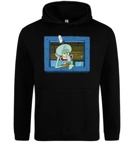 Мужская толстовка (худи) Сквідвард у віконці Черный фото