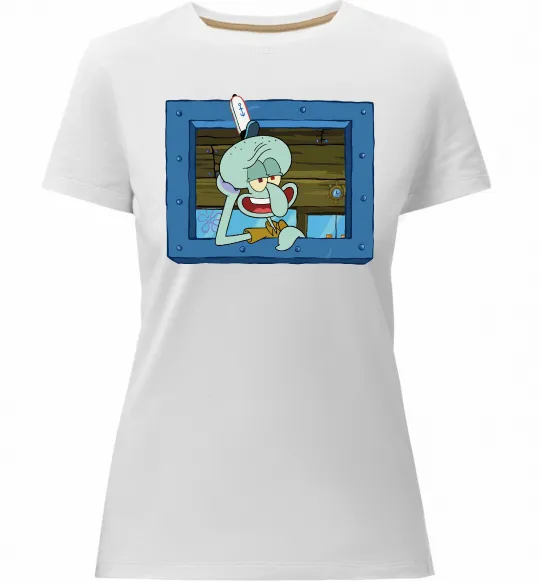 Женская премиум футболка Сквідвард у віконці Белый фото