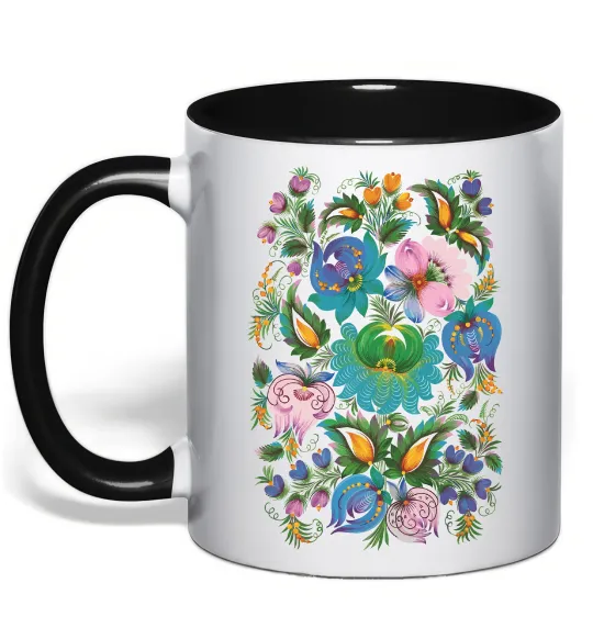 Чашка с цветной ручкой Петриківський розпис Черный фото