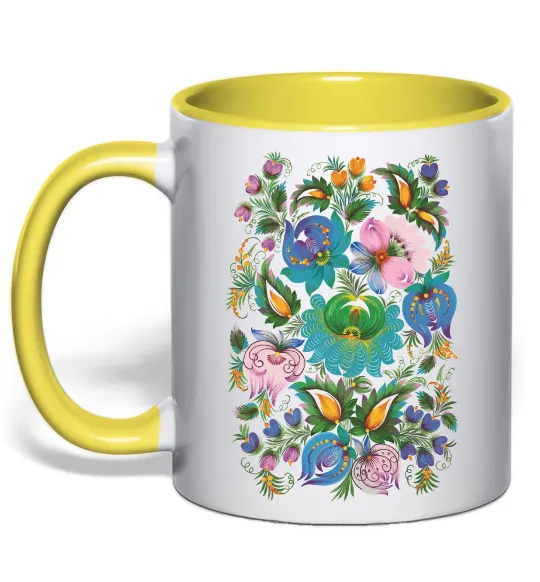 Чашка с цветной ручкой Петриківський розпис Лимонный фото