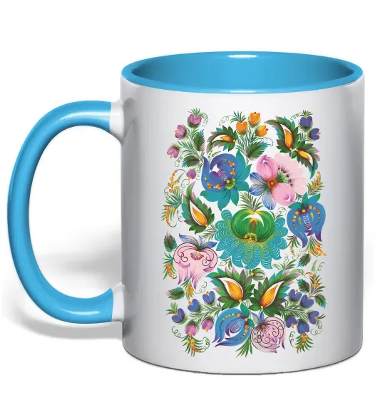 Чашка с цветной ручкой Петриківський розпис Голубой фото