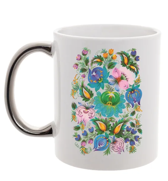 Чашка с цветной ручкой Петриківський розпис Серебро фото