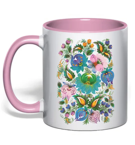 Чашка с цветной ручкой Петриківський розпис Нежно розовый фото