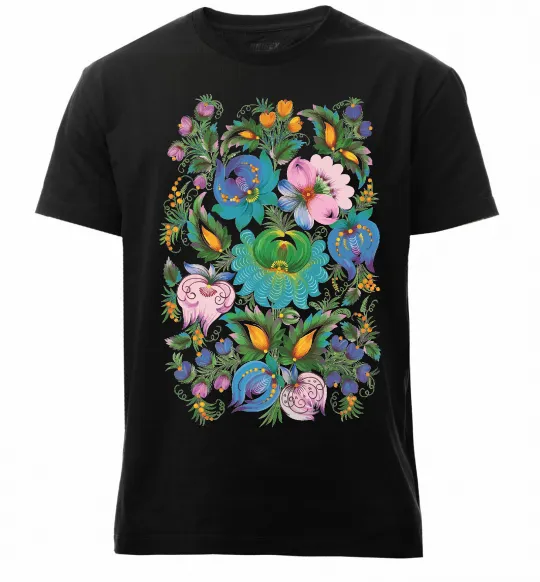 Мужская премиум футболка Петриківський розпис Черный фото