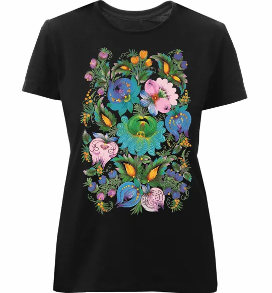 Женская премиум футболка Петриківський розпис Черный фото