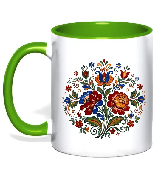 Чашка с цветной ручкой Петриківський розпис коло Лаймовый фото
