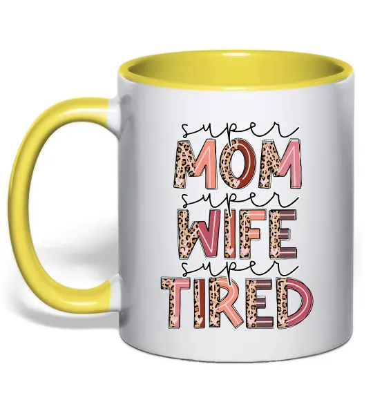 Чашка з кольоровою ручкою Super mom super tired Лимонний фото