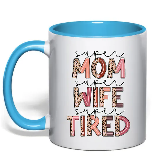 Чашка з кольоровою ручкою Super mom super tired Блакитний фото