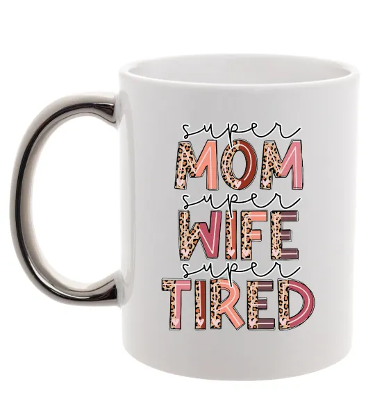 Чашка з кольоровою ручкою Super mom super tired Срібло фото