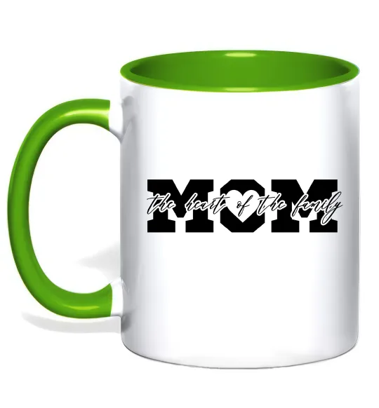 Чашка с цветной ручкой Mom heart of family Лаймовый фото
