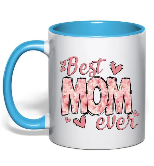Чашка с цветной ручкой Best mom ever flowers Голубой фото