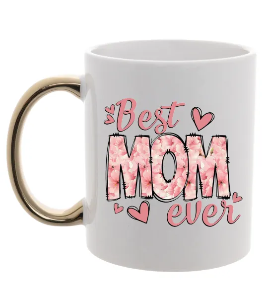 Чашка с цветной ручкой Best mom ever flowers Золото фото