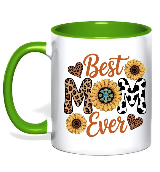 Чашка с цветной ручкой Best mom sunflowers Лаймовый фото