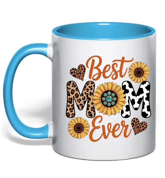Чашка с цветной ручкой Best mom sunflowers Голубой фото