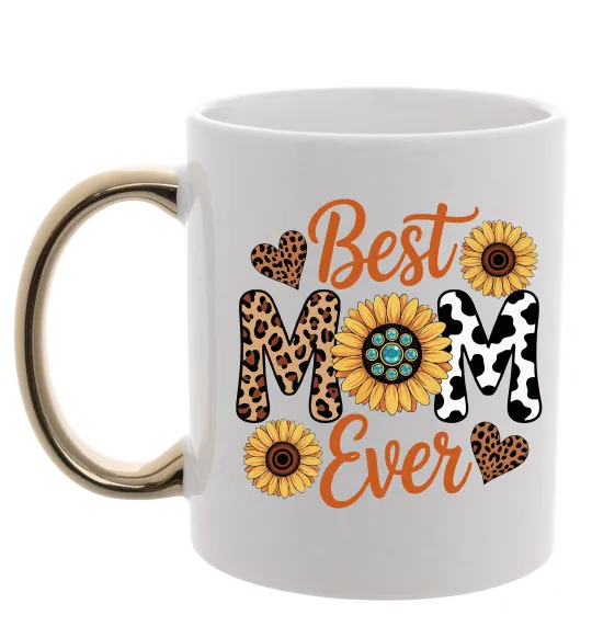 Чашка с цветной ручкой Best mom sunflowers Золото фото