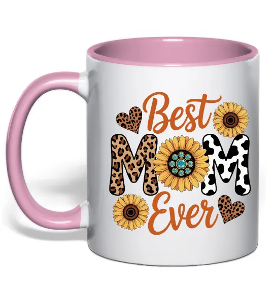 Чашка с цветной ручкой Best mom sunflowers Нежно розовый фото