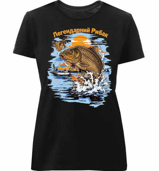 Женская премиум футболка Легендарний рибак Черный фото