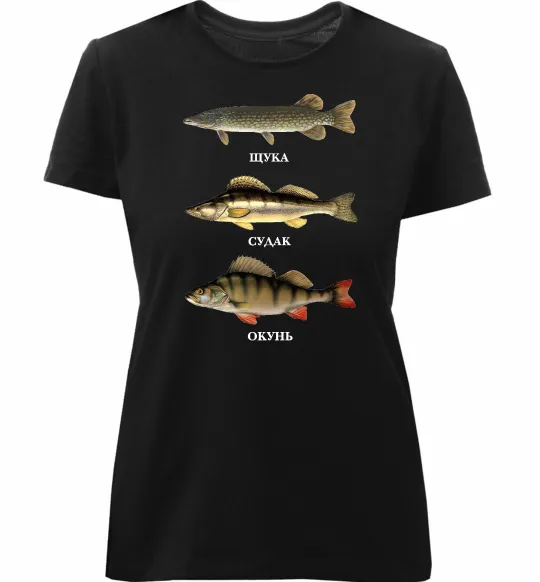 Женская премиум футболка Щука судак та окунь Черный фото