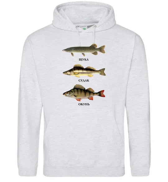 Мужская толстовка (худи) Щука судак та окунь Серый меланж фото