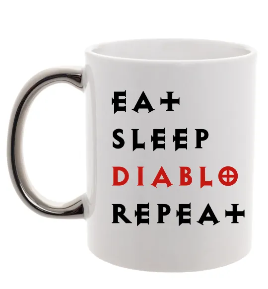 Чашка с цветной ручкой Eat sleep Diablo repeat Серебро фото