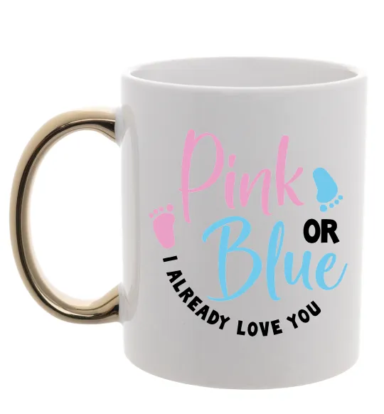 Чашка с цветной ручкой Pink or Blue I love you Золото фото