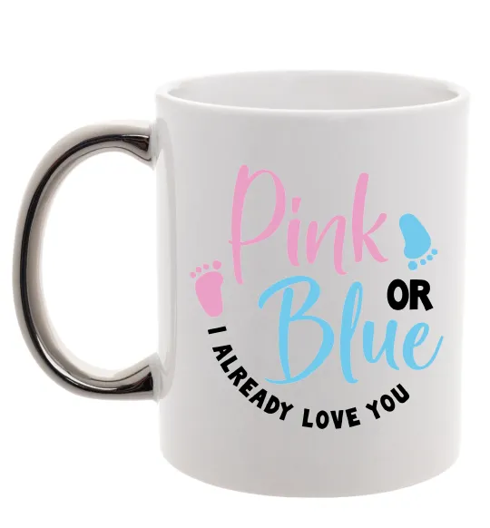Чашка с цветной ручкой Pink or Blue I love you Серебро фото